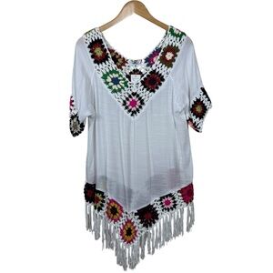 Granny Square Crochet Trim White Gauze Fringe Hem Boho Beach Coverup